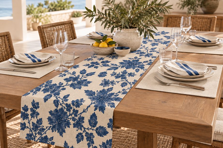 Camino de Mesa Floral Azul sobre Crudo de Atelier Denim